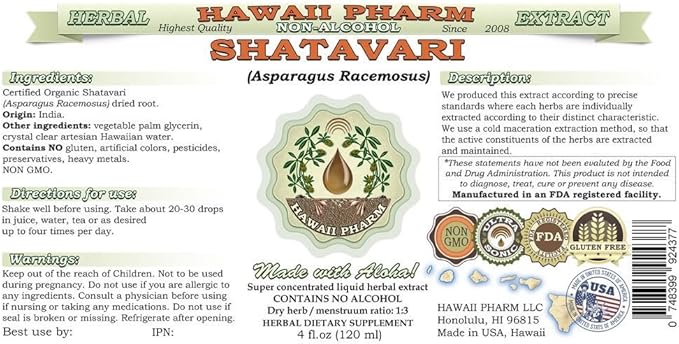 Hawaii Pharm Shatavari Alcohol-Free Liquid Extract, Shatavari (Asparagus Racemosus) Root Glycerite Natural Herbal Supplement, USA 2x32 fl.oz
