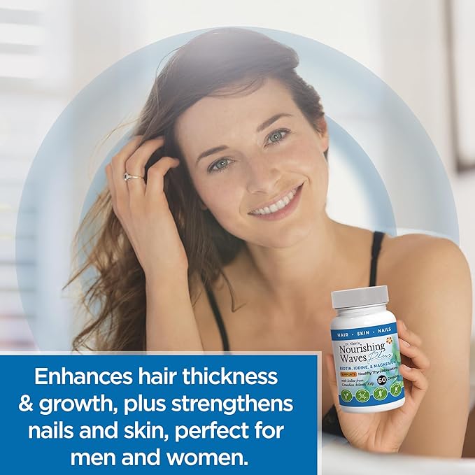 Nourishing Waves Plus - Thyroid Support Supplement with Kelp, Iodine, Selenium & Biotin - Vitamin B Complex (B1, B3, B6) for Healthy Hair, Skin & Nails for Men & Women, Prevent Hair Loss - 60 Capsules
