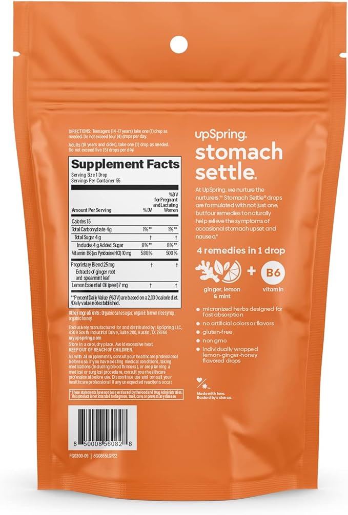 UpSpring Stomach Settle Drops for Occasional Nausea Relief and Morning Sickness with Ginger, Lemon, Spearmint, and B6. Individually Wrapped Drops, 55 Ct(Packaging May Vary)