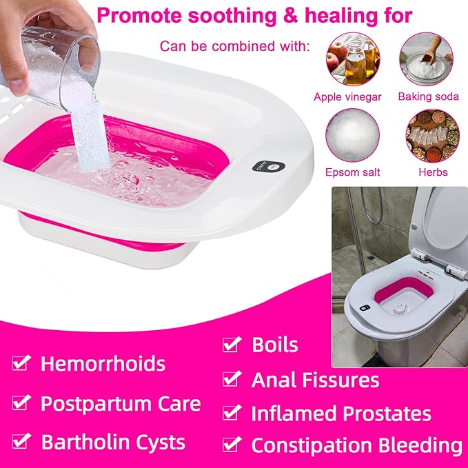 Electric Sitz Bath, Sitz Bath for Hemorrhoids, Sitz Bath for Postpartum Care, Toilet Seat Basin for Women, Yoni Hip Bath Pan, Sits Bath Soak Salts Bowl, Vaginal Wash Tub, Foldable, Pink