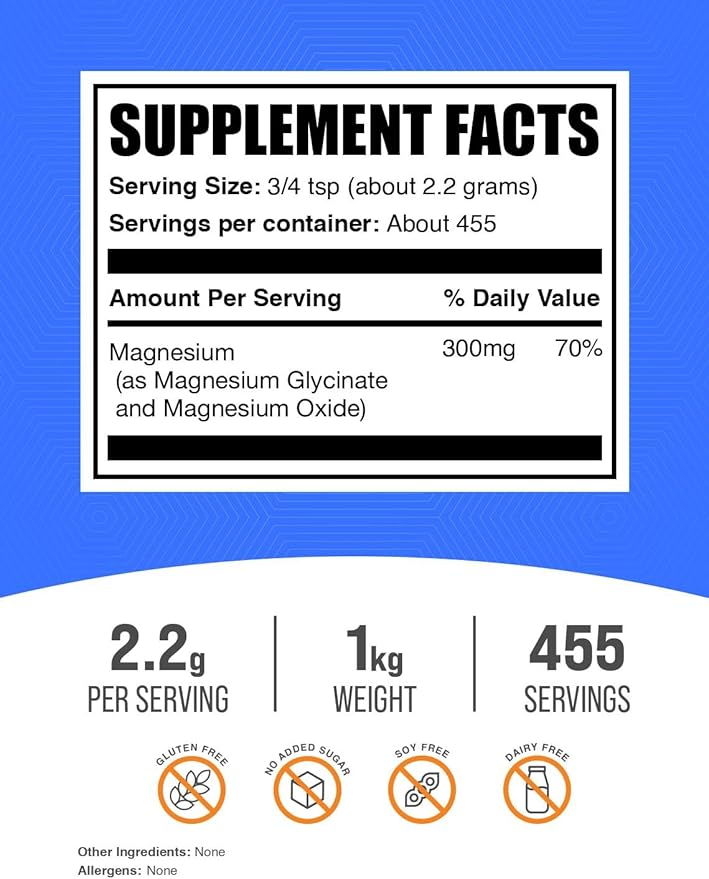 BulkSupplements.com Magnesium Glycinate Powder - Magnesium Glycinate 300mg, Highly Absorbable - Gluten Free, 2.2g per Serving, 1kg (2.2 lbs) (Pack of 1)