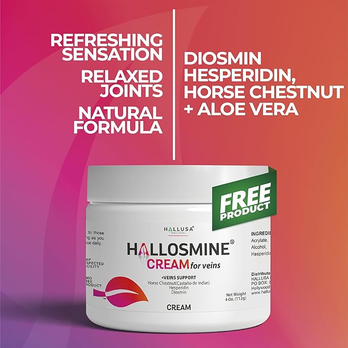 Hallosmine ULTRA Diosmin 500mg & Hesperidin 150mg + FREE Cream for Veins, Support for Circulation & Veins, Heavy Legs - Diosmin Hesperidin Horse Chestnut + Aloe Vera, 02 Bottles, 120 Caps + Cream 4 oz
