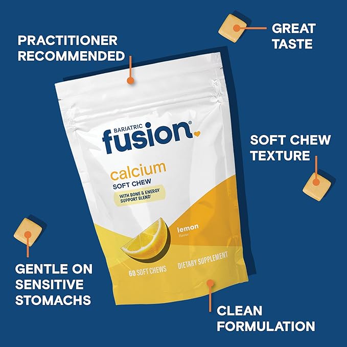 Bariatric Fusion Bariatric Calcium Supplement Chews | Calcium Citrate with Vitamin D3 Bariatric Vitamin | Sugar Free Chewable | 500mg | Lemon | 60 Count