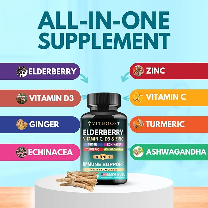 Elderberry Immune Support Supplement 8-in-1 Formula with Echinacea, Vitamin C & Zinc, Vitamin D 5000 IU, Turmeric, Ginger, Ashwagandha – 120 Capsules
