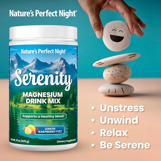 Nature’s Perfect Night | Serenity Magnesium Drink Mix Powder | Anti-Stress | Gluten Free | Vegan | Non-GMO | Sugar-Free | Supports Relaxation, Sleep, Heart, Bone, and Nerve Health | 15 oz