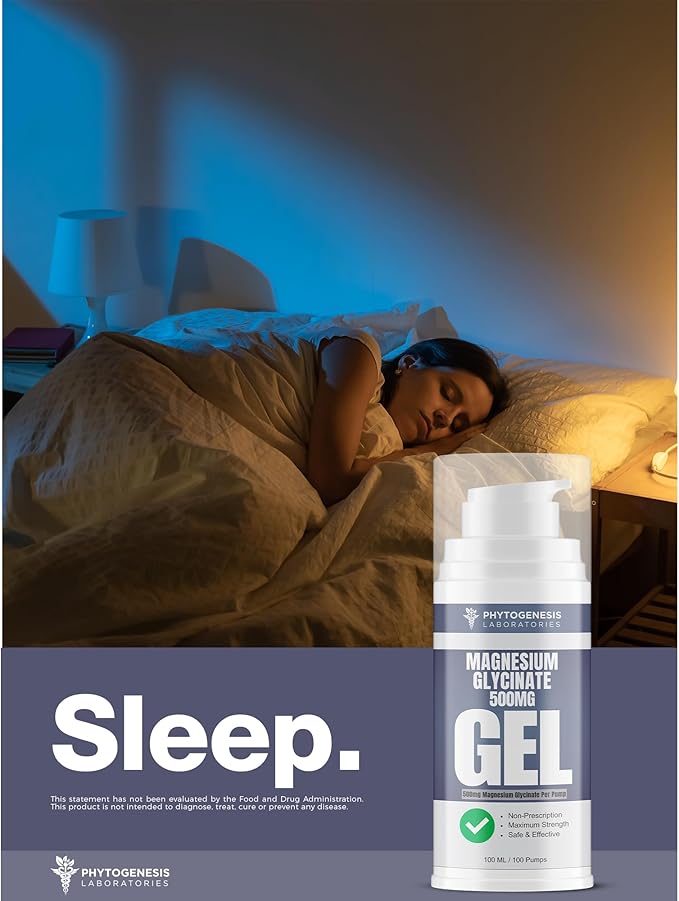 Topical Magnesium Glycinate Gel – 500mg Per Pump – High Absorption Transdermal Formula – Soothes Muscles - Supports Relaxation & Sleep – 4oz