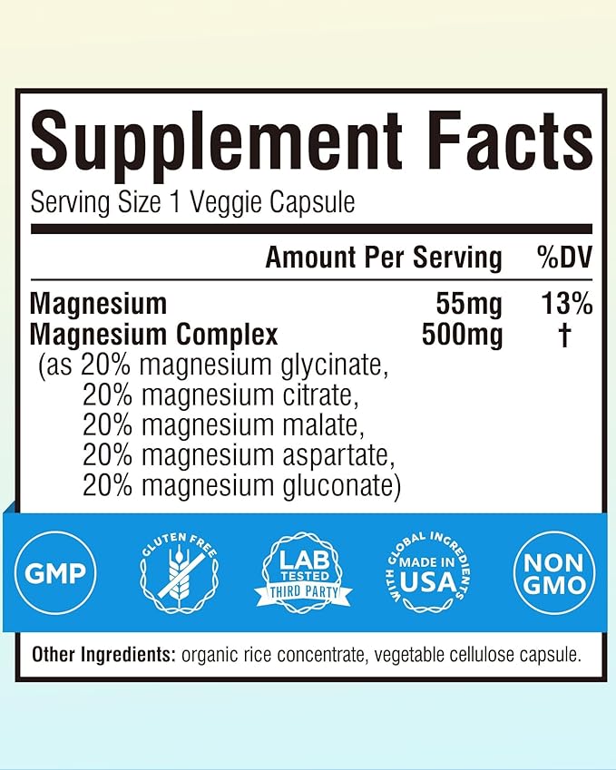 Terranics 5-in-1 Magnesium Complex Supplement 500mg - 5 Forms High Absorption Magnesium Glycinate Citrate Malate Aspartate Gluconate for Sleep Heart Health - Non-GMO 240 Vegan Capsules