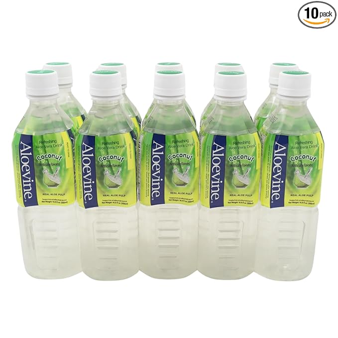 Aloevine Aloe Vera Drink Coconut healthy juice pure with chunks of aloe l 16.9 oz. 10 pack l plant based Vegetable Korean drinks