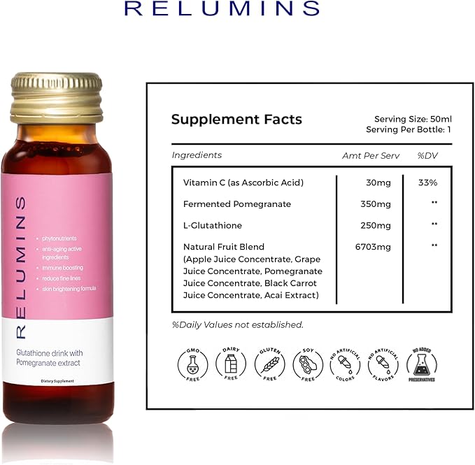 Relumins Glutathione Drink - Helps Promote Brighter and Firm Skin, Boosts Collagen Content, Moisture for a Younger Looking Skintone - Pomegranate Flavor, 50mL x 10 Gluta Shot Bottles