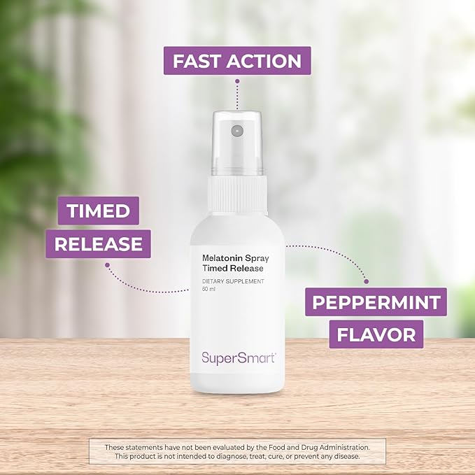 Supersmart - Melatonin Spray 1mg per Day (Fast Action & Timed Release) - Natural Pepper Mint Flavor - Melatonin Spray for Sleep | Non-GMO & Gluten Free - 60 ml