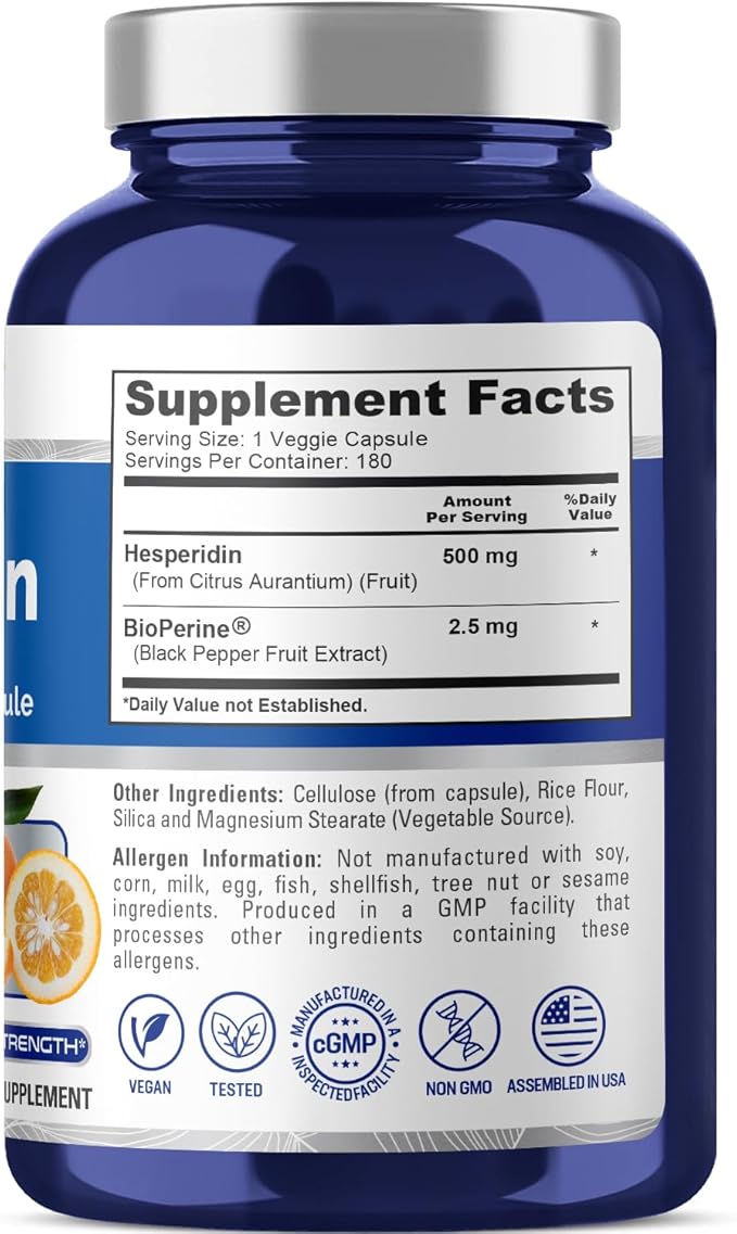 NusaPure Hesperidin 500 mg per Veggie Caps - 180 Capsules (BioPerine, High Absorption, Non-GMO)