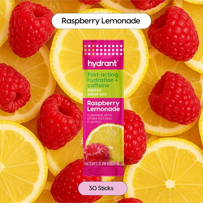 Hydrant Energy 12 Stick Pack, Caffeine & L-Theanine Rapid Hydration Mix, Electrolyte Hydration Powder Packets with Zinc (Raspberry Lemonade, 12 Count)