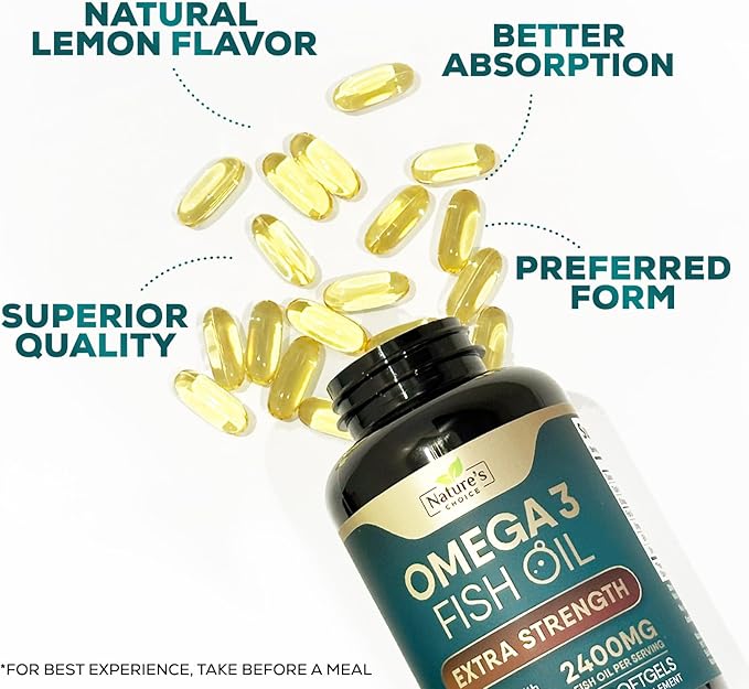Omega 3 Fish Oil Supplement 2400 mg - Triple Strength EPA & DHA Fish Oil Omega 3, Essential Fatty Acids Supplement Softgels, Brain & Heart Health Support Supplements, Gluten Free Non-GMO, 180 Softgels