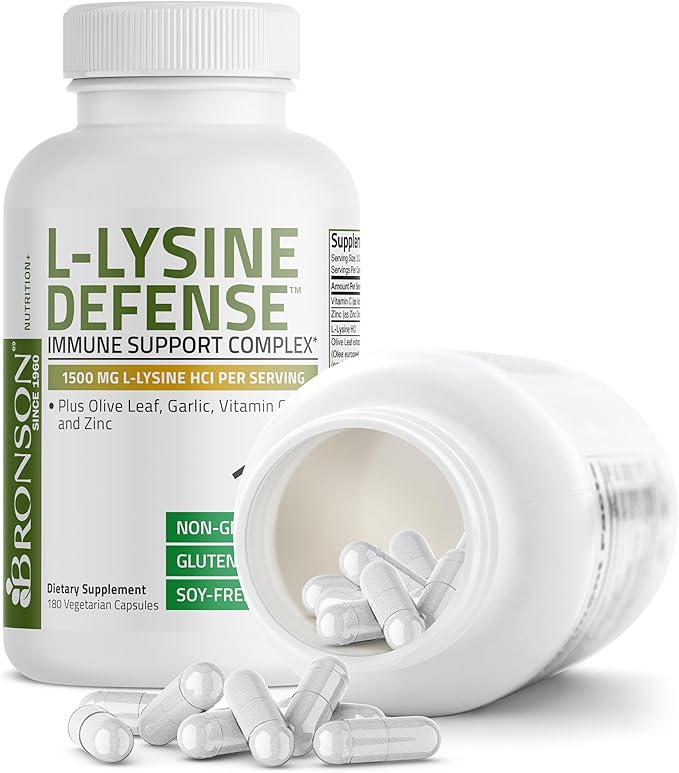 Bronson L-Lysine Defense Immune Support Complex 1500 MG L-Lysine Plus Olive Leaf, Garlic, Vitamin C and Zinc - Non-GMO, 180 Vegetarian Capsules