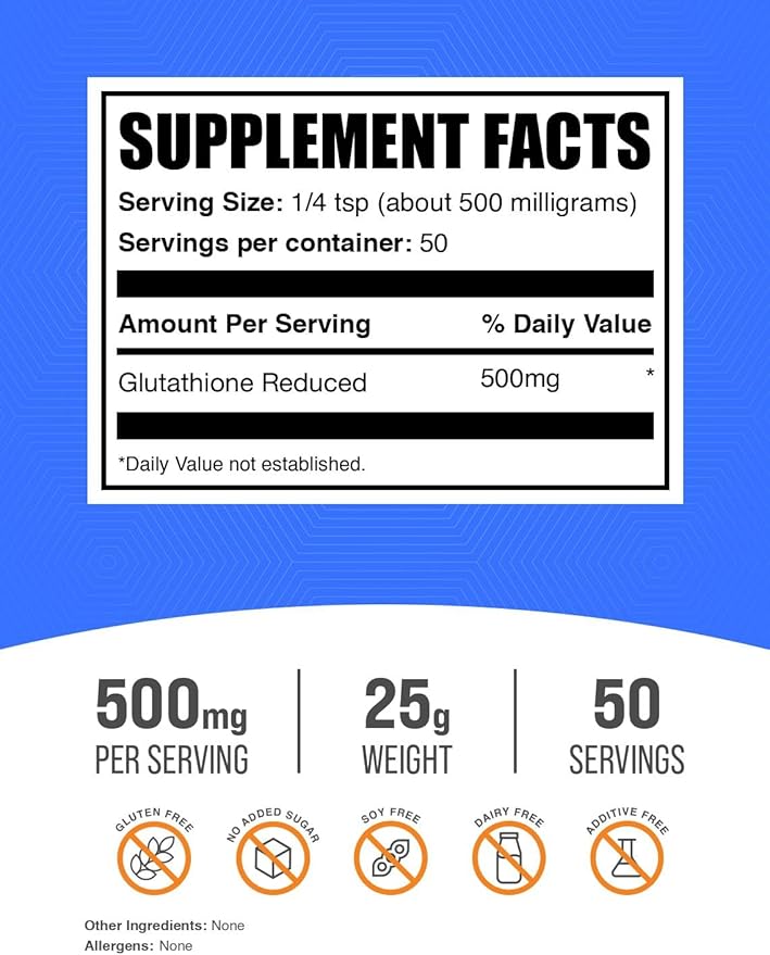 BulkSupplements.com Glutathione Reduced Powder - Glutathione Supplement, Reduced Glutathione Powder - Glutathione 500mg, Gluten Free, 500mg per Serving, 25g (0.88 oz) (Pack of 1)
