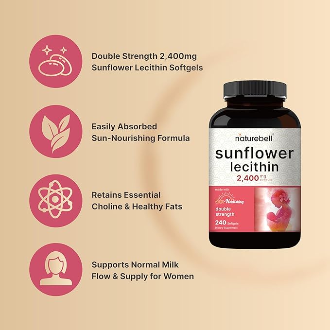 NatureBell Sunflower Lecithin 2,400mg, 240 Softgels | Infused with Non-GMO Sunflower Seed Oil – Rich in Phosphatidyl Choline – No Soy, No Gluten
