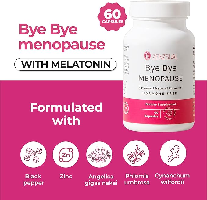 ZENZSUAL Bye Bye Menopause with Melatonin – Natural Menopause Support for Women – Hot Flashes, Night Sweats, Hormone Balance & Restful Sleep – Vegan, Estrogen-Free Menopause Supplement – 60 Capsules