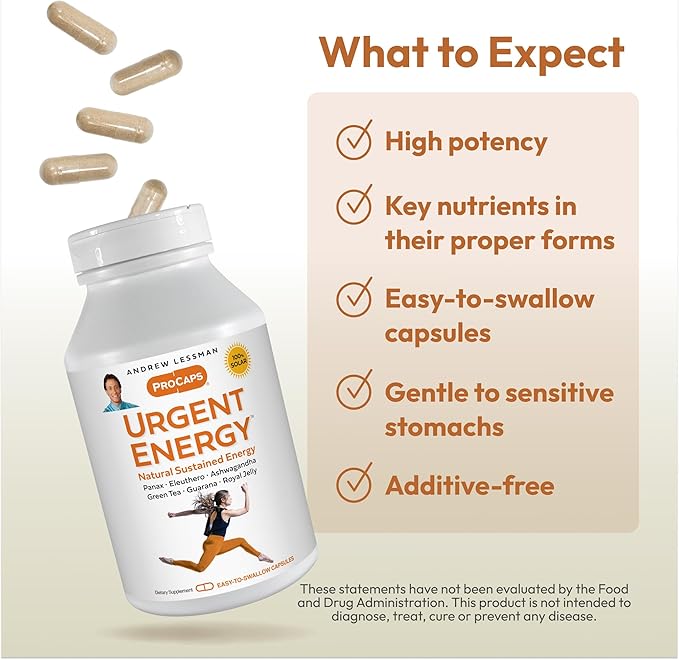 ANDREW LESSMAN Urgent Energy 30 Capsules - Provides a Safe, Healthy Means of Enhancing Energy Levels and Feelings of Well-Being, Green Tea, Guarana, Ginseng, Royal Jelly, Ashwagandha, B-Complex