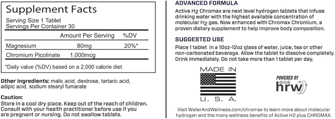 Active H2+ Chromax – Hydrogen Water Tablets with Chromium – Supports Metabolism and Energy – Molecular Hydrogen and Chromium Supplement – 30 Tablets