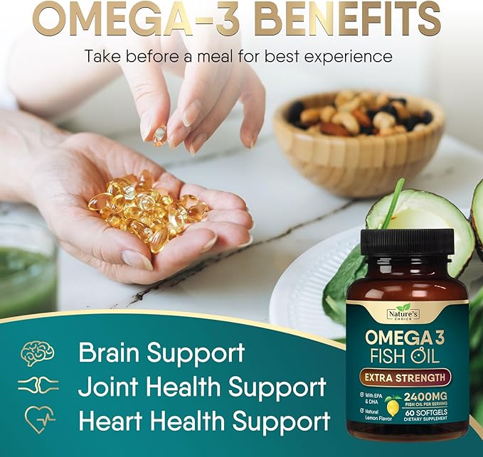 Omega 3 Fish Oil Supplement 2400 mg - Triple Strength EPA & DHA Fish Oil Omega 3, Essential Fatty Acids Supplement Softgels, Brain & Heart Health Support Supplements, Gluten Free Non-GMO, 60 Softgels