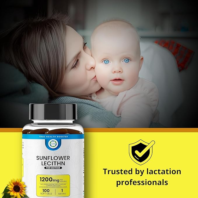 Sunflower Lecithin 1200 mg, Milk Flow, Soy-Free & Non-GMO Support for Breastfeeding Moms Unblocks Clogged Milk Ducts, Brain, Nerve & Liver Health, Phospholipid-Rich for Mother 100 Softgel