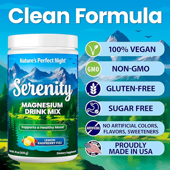 Nature’s Perfect Night | Serenity Magnesium Drink Mix Powder | Anti-Stress | Gluten Free | Vegan | Non-GMO | Sugar-Free | Supports Relaxation, Sleep, Heart, Bone, and Nerve Health | 15 oz