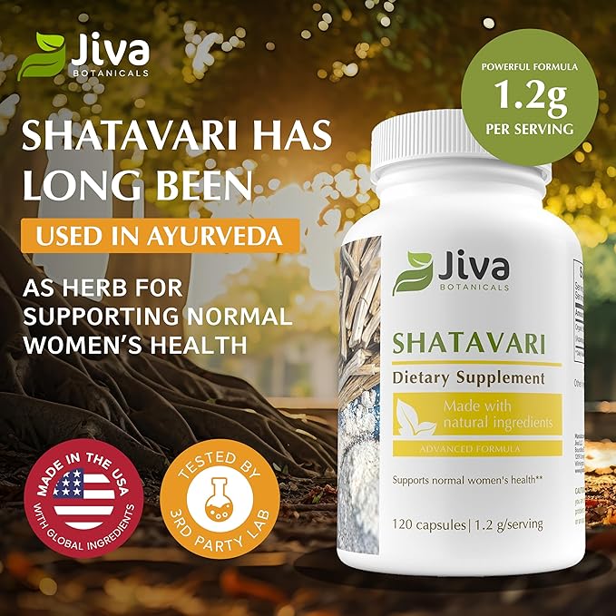 Jiva Botanicals Shatavari Supplement 1200mg - Shatavari Root Powder for Normal Hormonal Balance and Normal Energy Levels - Made in The USA - Non GMO, Vegan - 120 Capsules (Pack of 1)