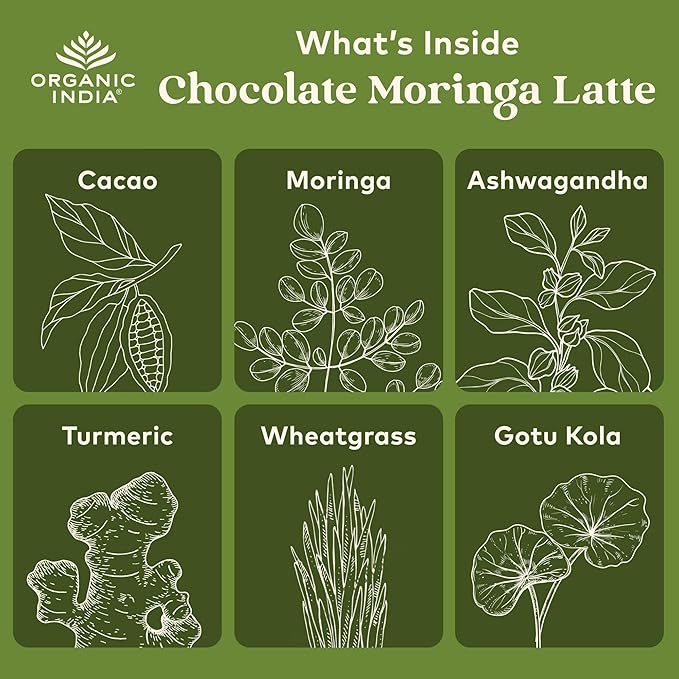 Organic India Chocolate Moringa Latte Powder - Superfood Mix, Moringa Leaf Tea, with Ashwagandha and Turmeric, Dietary Supplement, Stress Support, Rich Cocoa, Caffeine Free - 3.52 Oz
