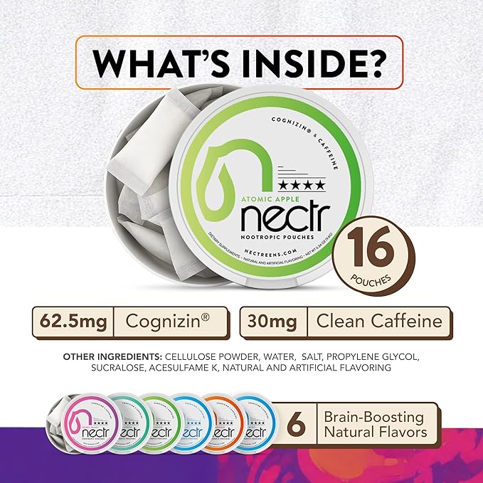 Nectr Nootropic Energy Pouches, Focus & Energy, Mild Mint, Cognizin 62.5 mg, Caffeine 30 mg, 16 Pouches, Neuro Support, Sugar Free, 1 Can
