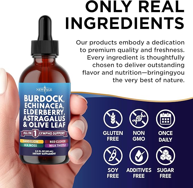 NEW AGE Lymphatic Drainage Supplement - Burdock Lymphatic Support Drops - Burdock Root, Mullein, Echinacea, Elderberry, Dandelion, Astragalus, Milk Thistle, Red Clover - 4 oz