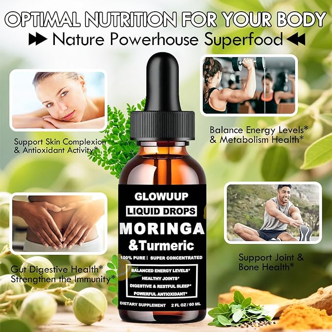 Organic Moringa Liquid Drops, Pure Moringa Leaves w. Turmeric Black Pepper Vitamin C E - Antioxidant, Joint, Digestive & Immune for Men & Women, 6X Absorption Than Capsules Powder Gummies or Pills