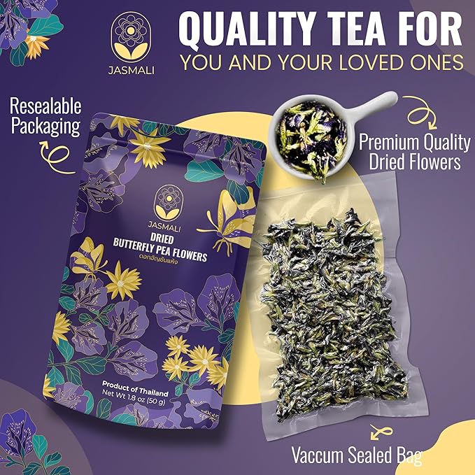 Jasmali Butterfly Pea Flower Tea - 1.8 oz Loose Leaf, Herbal, Caffeine Free, Vegan, Gluten Free, Thai Organic