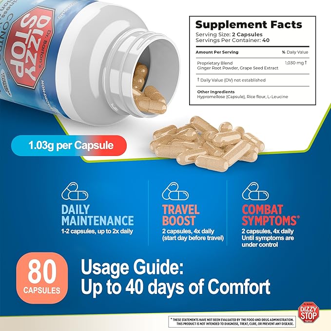 Vertigo Relief Product & Non‑Drowsy Motion Sickness Pills: Nausea and Dizziness, Ginger & Grape Seed Formula, Inner Ear Balance, Car, Cruise & Travel Essential, Stomach Support (80 Count – Pack of 2)