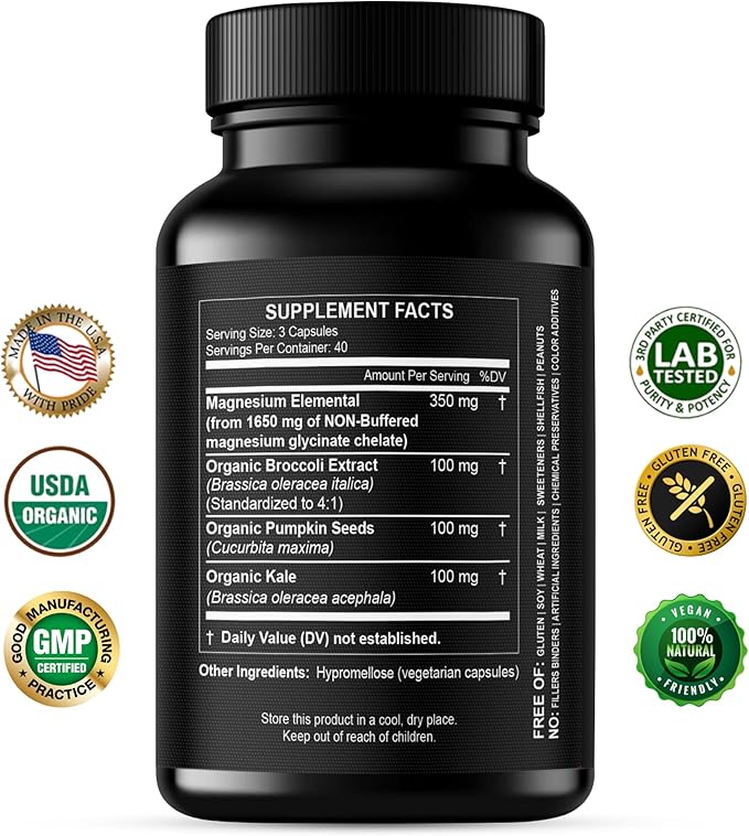 Pure Magnesium Glycinate Capsules - Non-Buffered 350mg Elemental Magnesium Supplement - Chelated High Absorption & Purity Magnesium Complex - Made in USA
