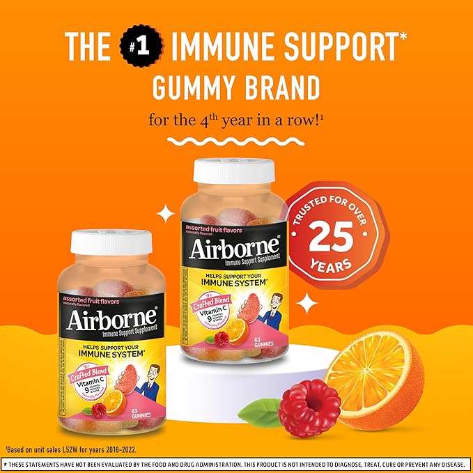 Airborne 750mg Vitamin C Gummies for Adults, Immune Support Gummies with Powerful Antioxidants VIT C & E, Caffeine Free - 2x63ct Bottle (42 Servings), Assorted Fruit Flavor