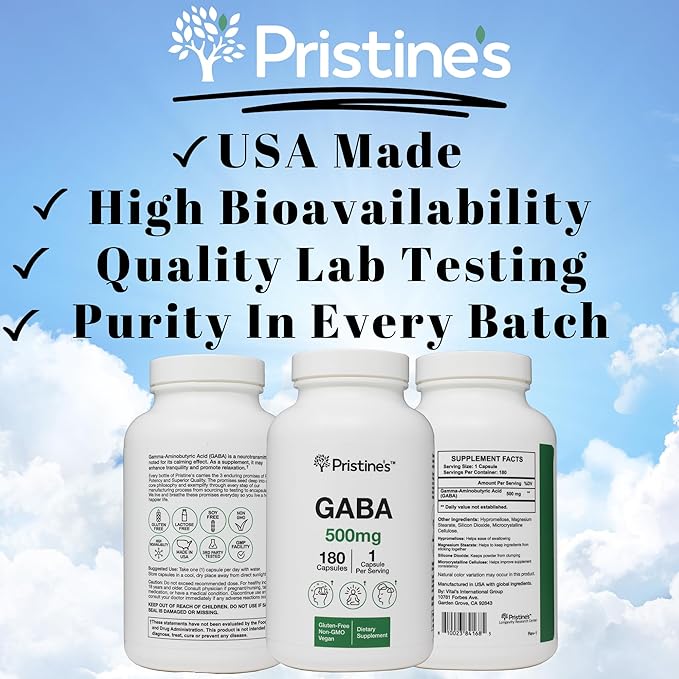PRISTINE'S GABA 500mg Sleep Quality Support Supplement - 180 Day Supply - Calm Mind & Relaxation Sleep Support Capsules
