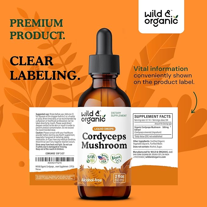 Wild & Organic Cordyceps Mushroom Tincture - Cordyceps Extract Supplement for Energy & Immune Support - Liquid Sinensis Mushroom Drops - Vegan, Sugar & Alcohol-Free - 2 fl oz