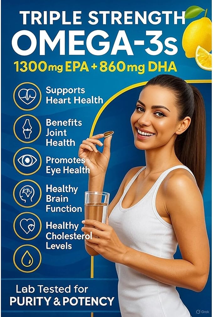 Triple Strength Omega 3 Fish Oil 3600mg β 1300mg EPA & 860mg DHA- Once Daily β Burpless Lemon Flavor, β Supports Heart, Brain, Joint & Eye Health β Wild Caught, Non-GMO, 90 Softgels, 3-Month Supply