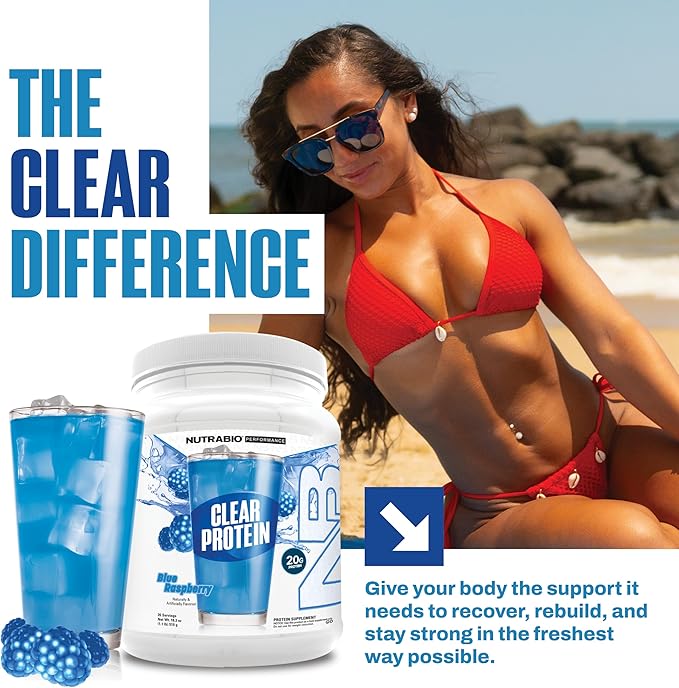 NutraBio Clear Protein Powder, Blue Raspberry - 20 Servings, 20g Clear Whey Protein Isolate, 0 Sugar, 0g Lactose, Refreshing Fruit Flavors, GLP1 Support - Bone Health - Muscle Post Workout Recovery