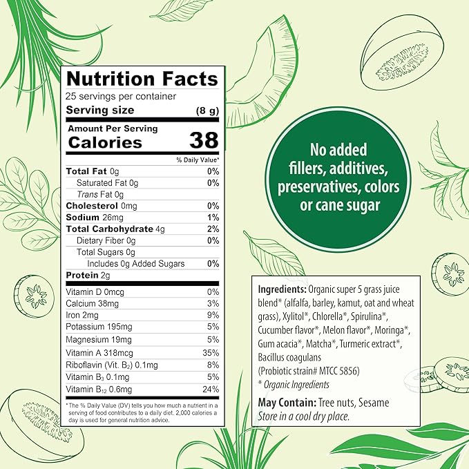 Organic Traditions Super Greens Powder Superfood with Turmeric, Cucumber Melon Flavored Organic Greens Superfood Powder, 200g / 7oz Bag