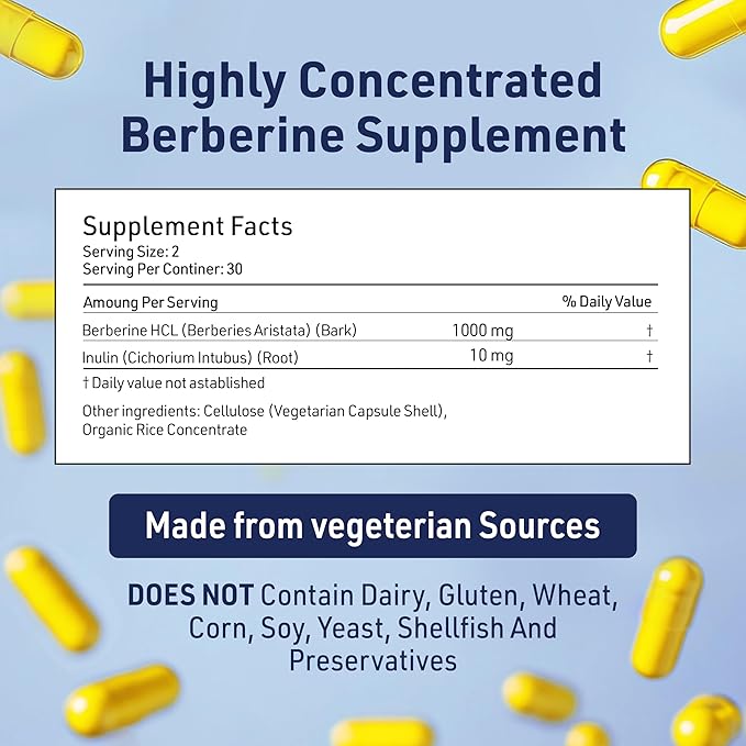 Berberine 1000mg Supplement Complex with Inulin Prebiotic - Berberine 500mg per Capsule - Doctor Formulated Supplements for High Absorption from a Doctor-Owned Brand.