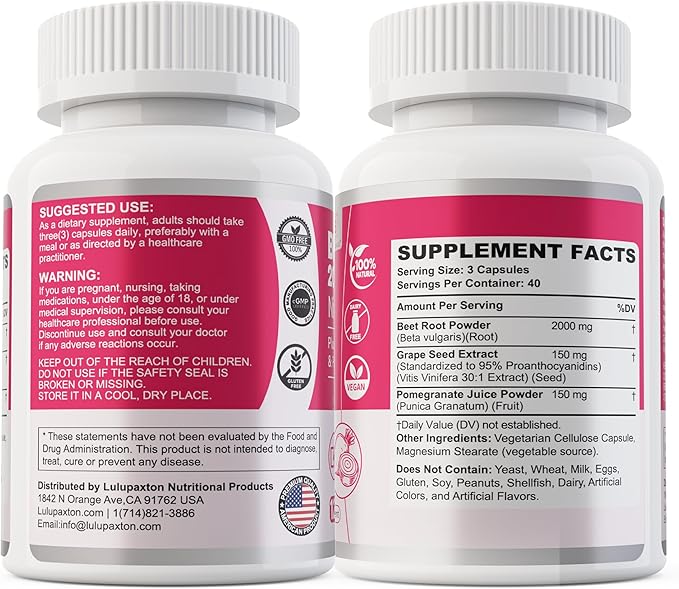 Beet Root Capsules 2000mg Nitric Oxide Supplements w/ Grape Seed Extract, Pomegranate Extract Supports Circulation & Blood Flow, Energy for Men/Women, Organic Beetroot Powder, Non GMO, 240 Counts