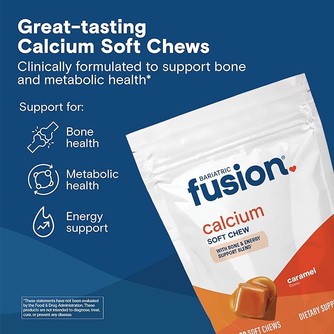 Bariatric Fusion Bariatric Calcium Supplement Chews | Calcium Citrate with Vitamin D3 Bariatric Vitamin | Sugar Free Chewable |500mg |Caramel | 60 Count