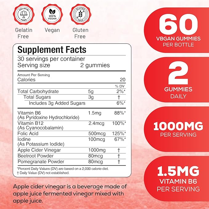 Apple Cider Vinegar Gummies with Vitamins - Delicious Apple Flavor for Women's Health, Metabolism Support & Digestive Wellness, 1000mg ACV with B12, B6, Folic Acid, 60 Vegan Gummies