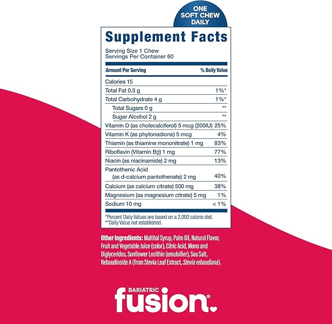 Bariatric Fusion Bariatric Calcium Supplement Chews | Calcium Citrate with Vitamin D3 Bariatric Vitamin | Sugar Free Chewable | 500mg | Strawberry | 60 Count