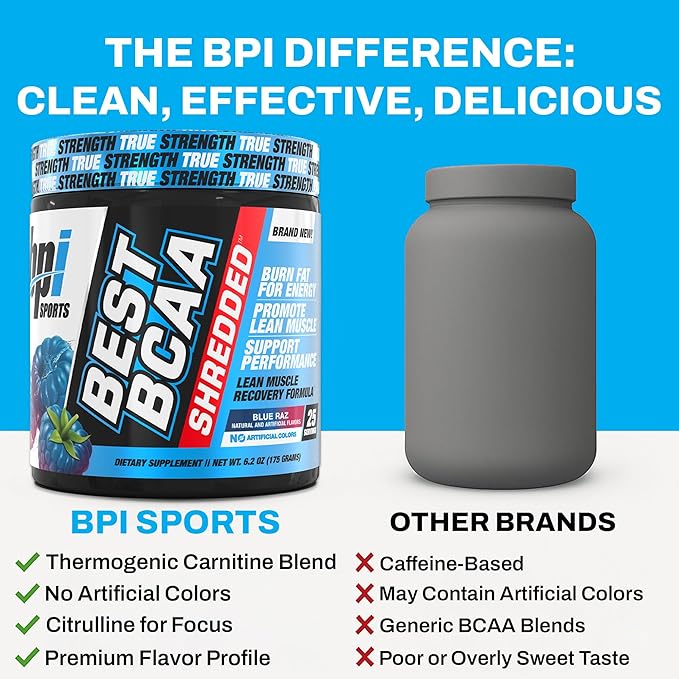 BPI Sports Best BCAA Shredded - Caffeine Free Thermogenic Recovery Drink, Lean Muscle Building BCAA Powder for Women and Men, Preworkout BCAAs Amino Acids Drink- Blue Raz - 25 Servings