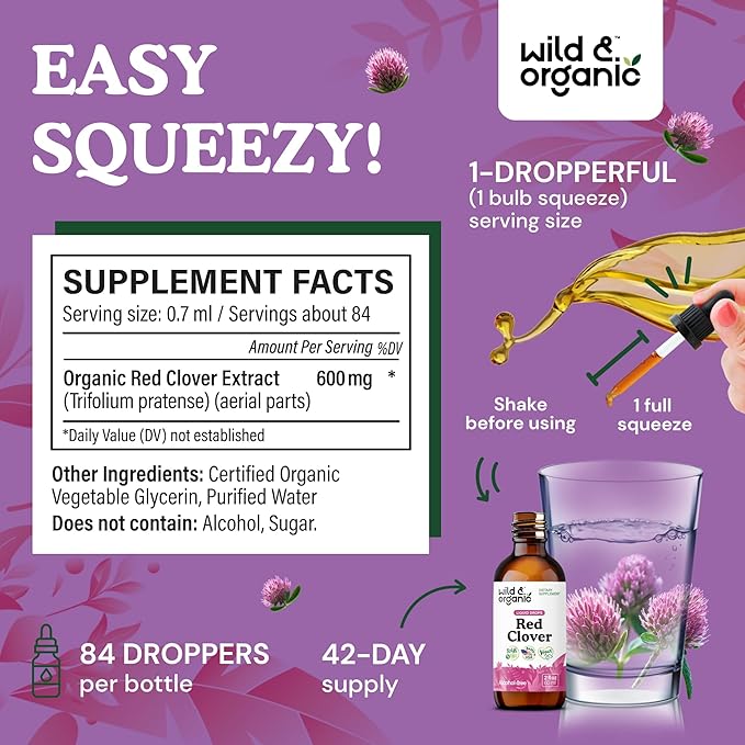 Wild & Organic Red Clover Extract Drops 600 mg - Liquid Red Clover Supplement for Women - 1-Month Supply - Trifolium Pratense Blossom Tincture - Vegan, Sugar & Alcohol-Free - 2 fl oz
