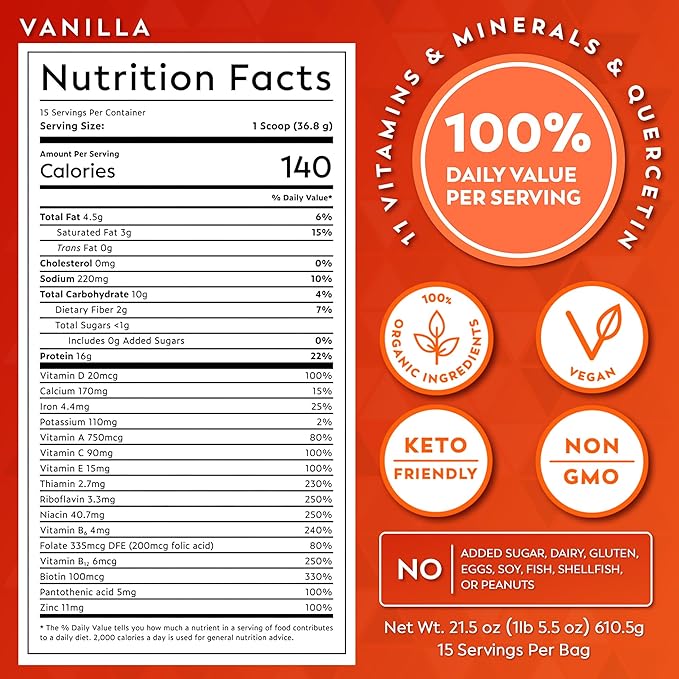 Veeg All-in-One Protein Smoothie Powder - Plant Based Protein Powder, Superfoods, Organic Greens, MCT Oil, Probiotics, Multivitamins for Men & Women, Sugar-Free, 15 Servings (Vanilla)