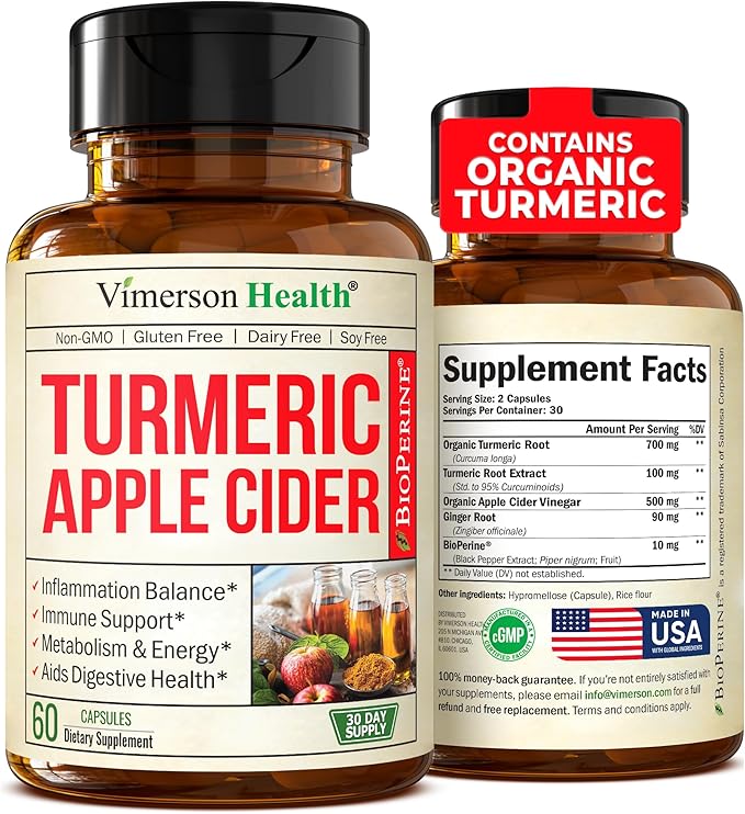 Turmeric Supplement and Organic Apple Cider Vinegar Capsules with Ginger for Joint Health, Metabolic & Digestive Support. Premium Turmeric Apple Cider Vinegar Supplements. Non-GMO. Vegan. 60 ACV Caps