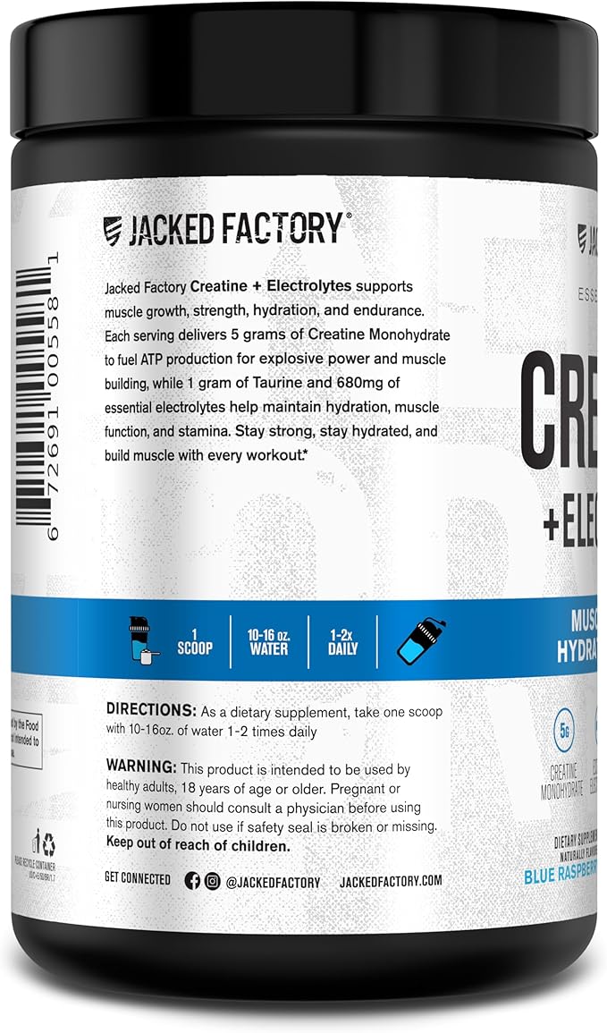 Jacked Factory Creatine + Electrolytes - Creatine Monohydrate with Taurine, Calcium, Sodium, & Potassium to Increase Muscle Growth, Strength, Hydration, & Endurance - 50 Servings, Blue Raspberry